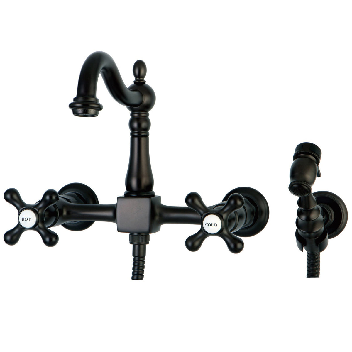Heritage Double-Handle Wall-Mount Bridge Kitchen Faucet with Brass Sprayer in Oil Rubbed Bronze
