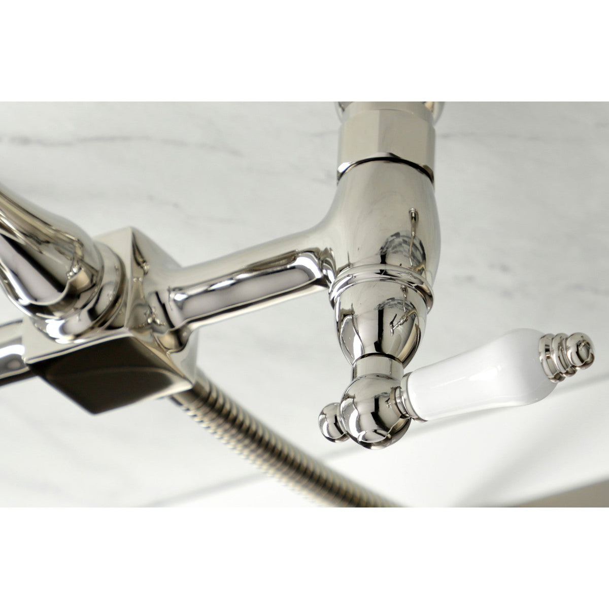 Heritage Double-Handle Wall-Mount Bridge Kitchen Faucet with Brass Sprayer in Polished Nickel