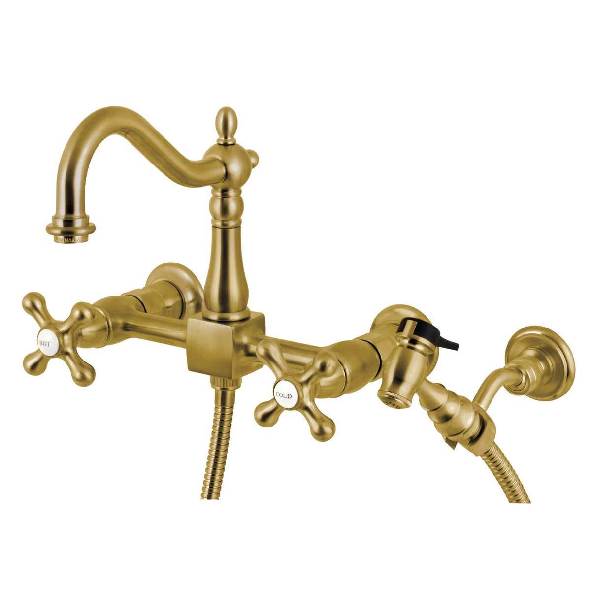 Heritage Double-Handle Wall-Mount Bridge Kitchen Faucet with Brass Sprayer in Brushed Brass