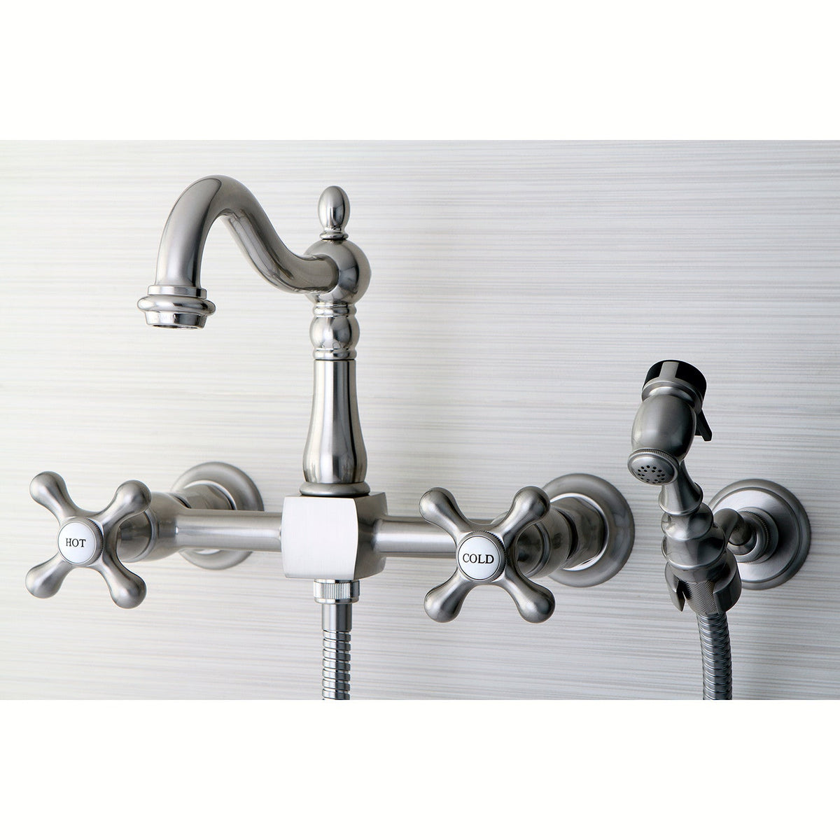 Heritage Double-Handle Wall-Mount Bridge Kitchen Faucet with Brass Sprayer in Brushed Nickel