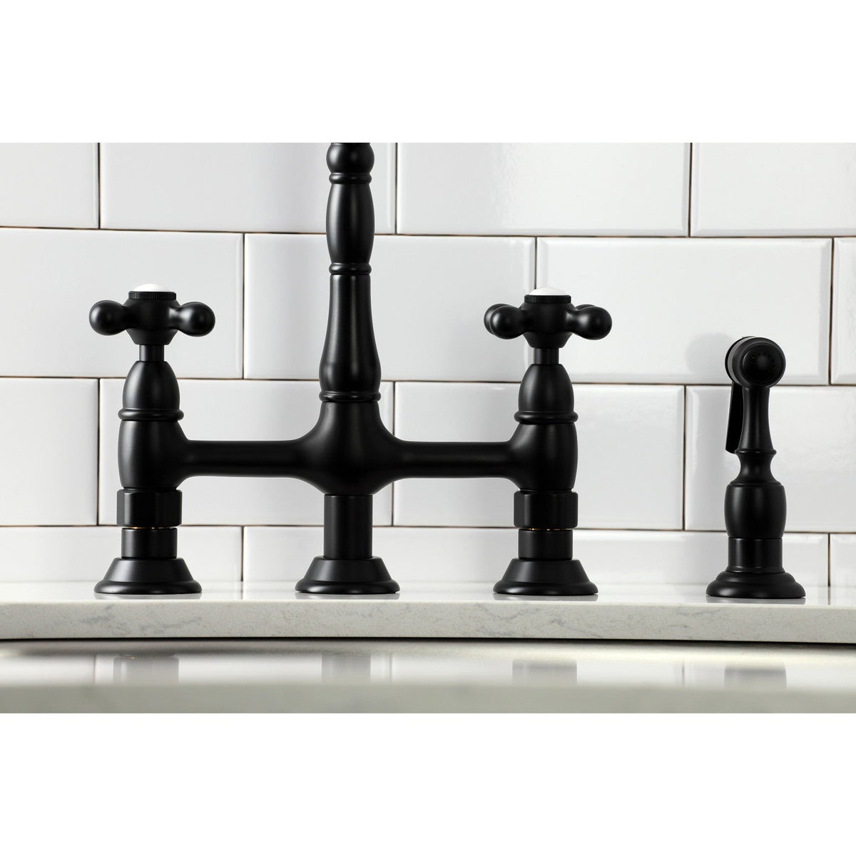 Heritage Bridge Kitchen Faucet with Brass Side Sprayer in Matte Black