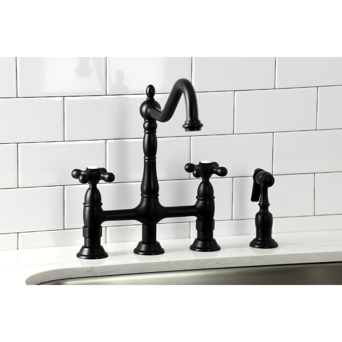 Heritage Bridge Kitchen Faucet with Brass Side Sprayer in Matte Black