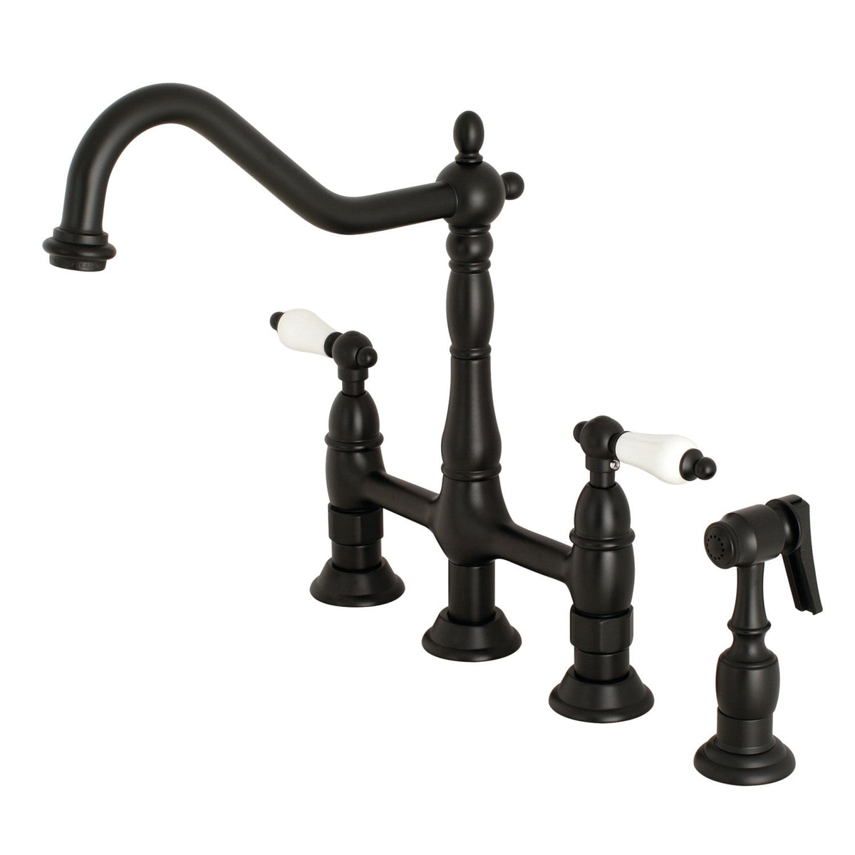 Heritage Bridge Kitchen Faucet with Brass Side Sprayer in Matte Black