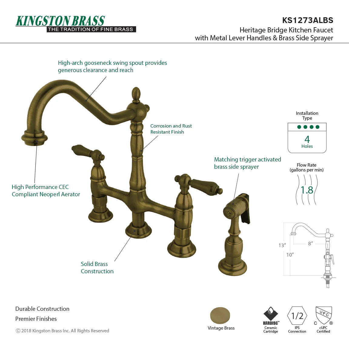 Antique brass bridge kitchen faucet diagram with side sprayer and controls