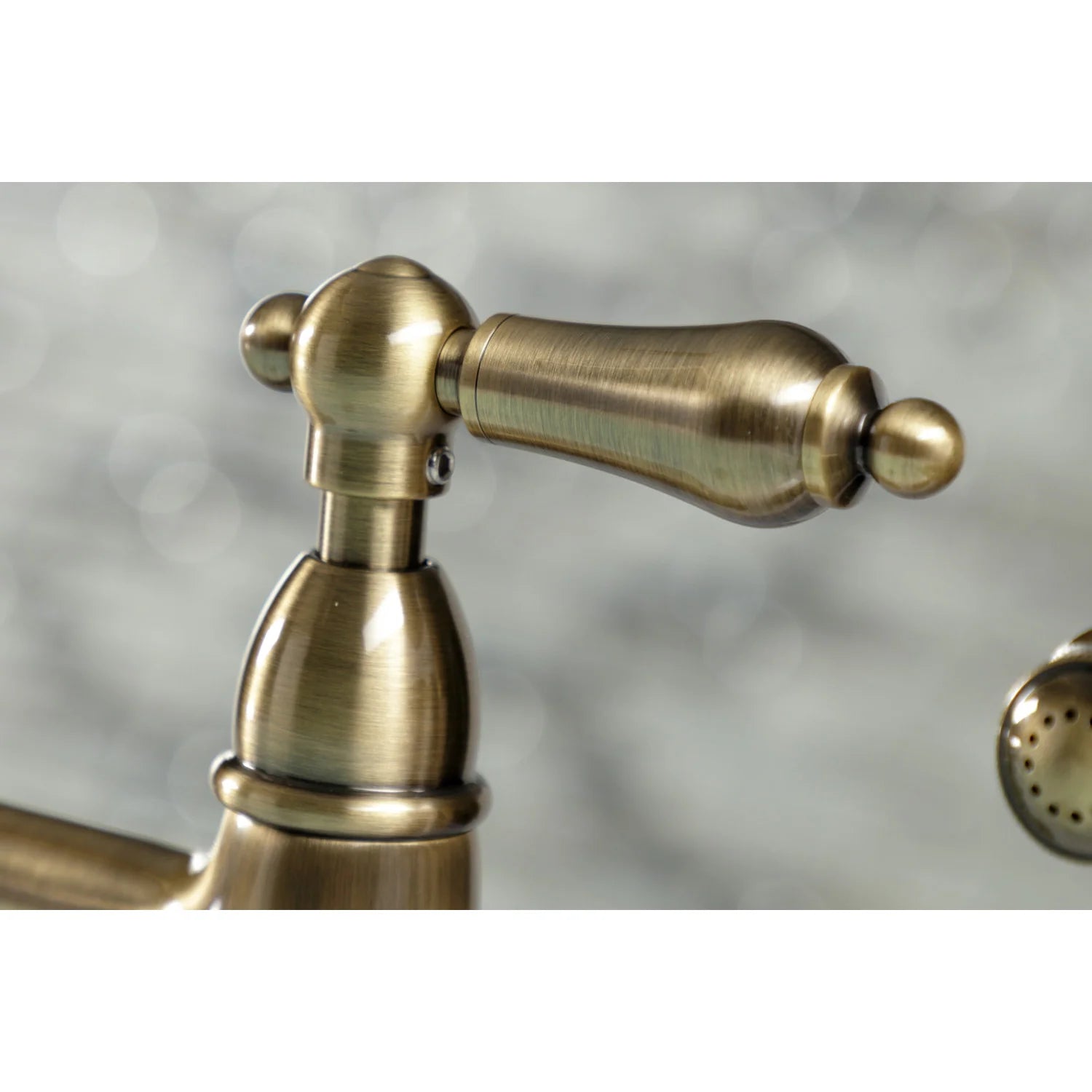 Antique brass faucet spout and handle assembly with decorative neck detailing