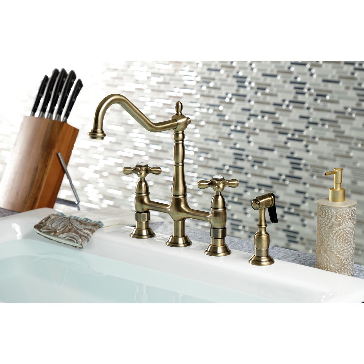 Heritage Bridge Kitchen Faucet with Brass Side Sprayer in Antique Brass