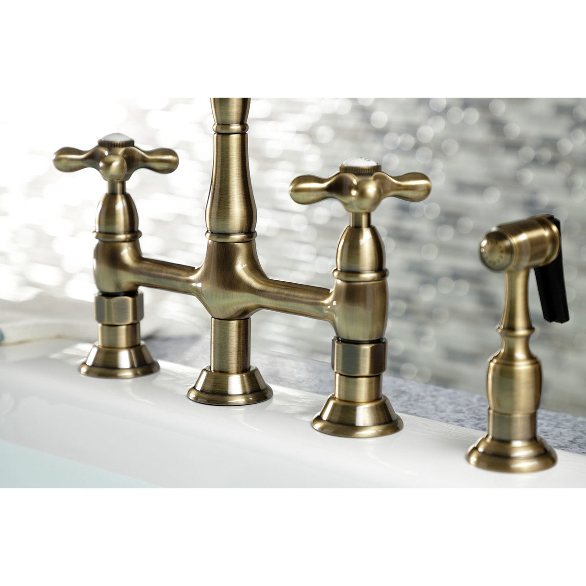 Heritage Bridge Kitchen Faucet with Brass Side Sprayer in Antique Brass