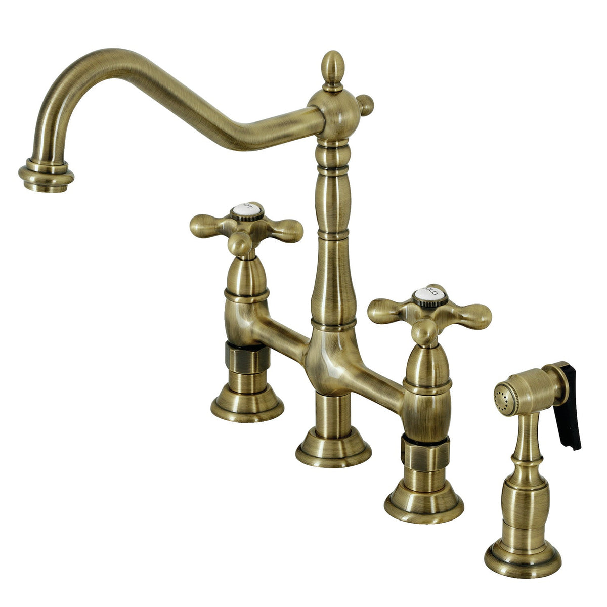 Heritage Bridge Kitchen Faucet with Brass Side Sprayer in Antique Brass