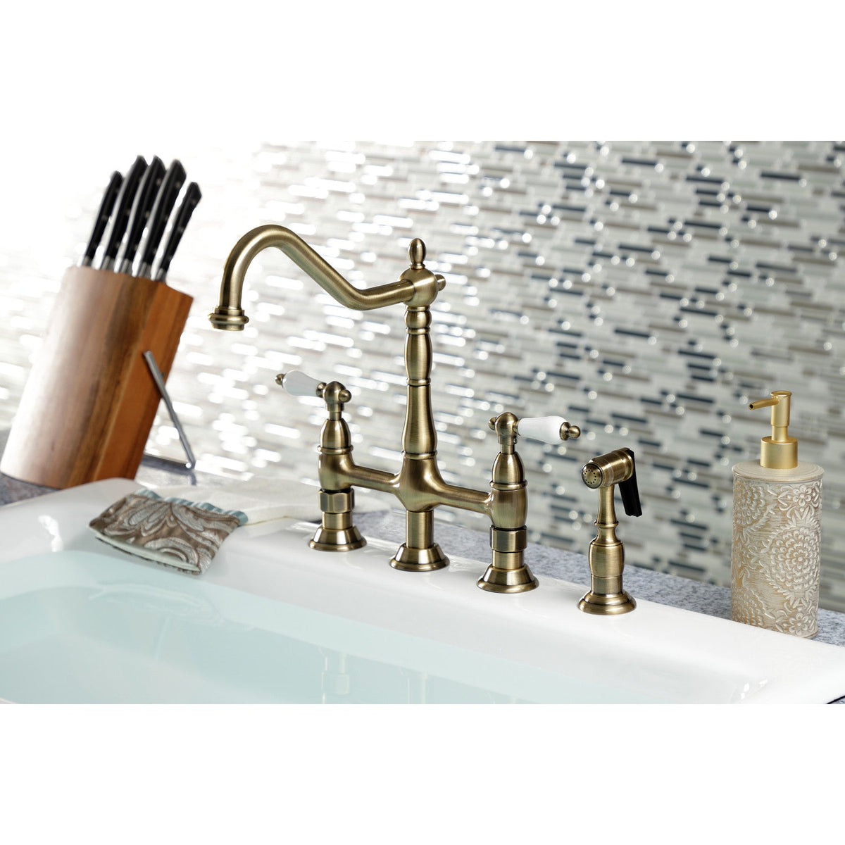 Heritage Bridge Kitchen Faucet with Brass Side Sprayer in Antique Brass