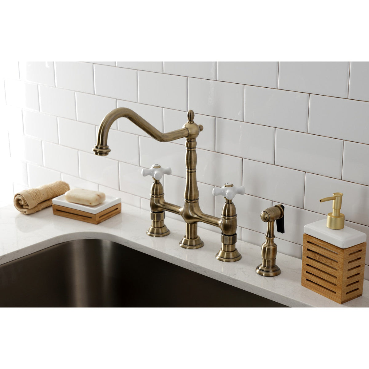 Heritage Bridge Kitchen Faucet with Brass Side Sprayer in Antique Brass