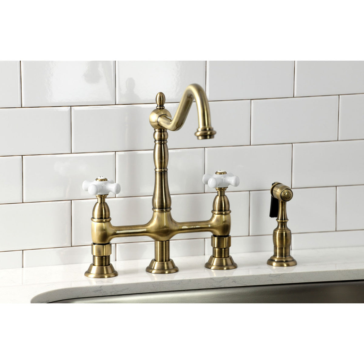 Heritage Bridge Kitchen Faucet with Brass Side Sprayer in Antique Brass