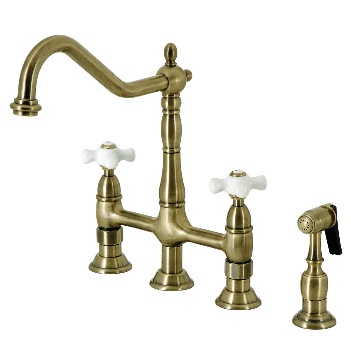 Heritage Bridge Kitchen Faucet with Brass Side Sprayer in Antique Brass