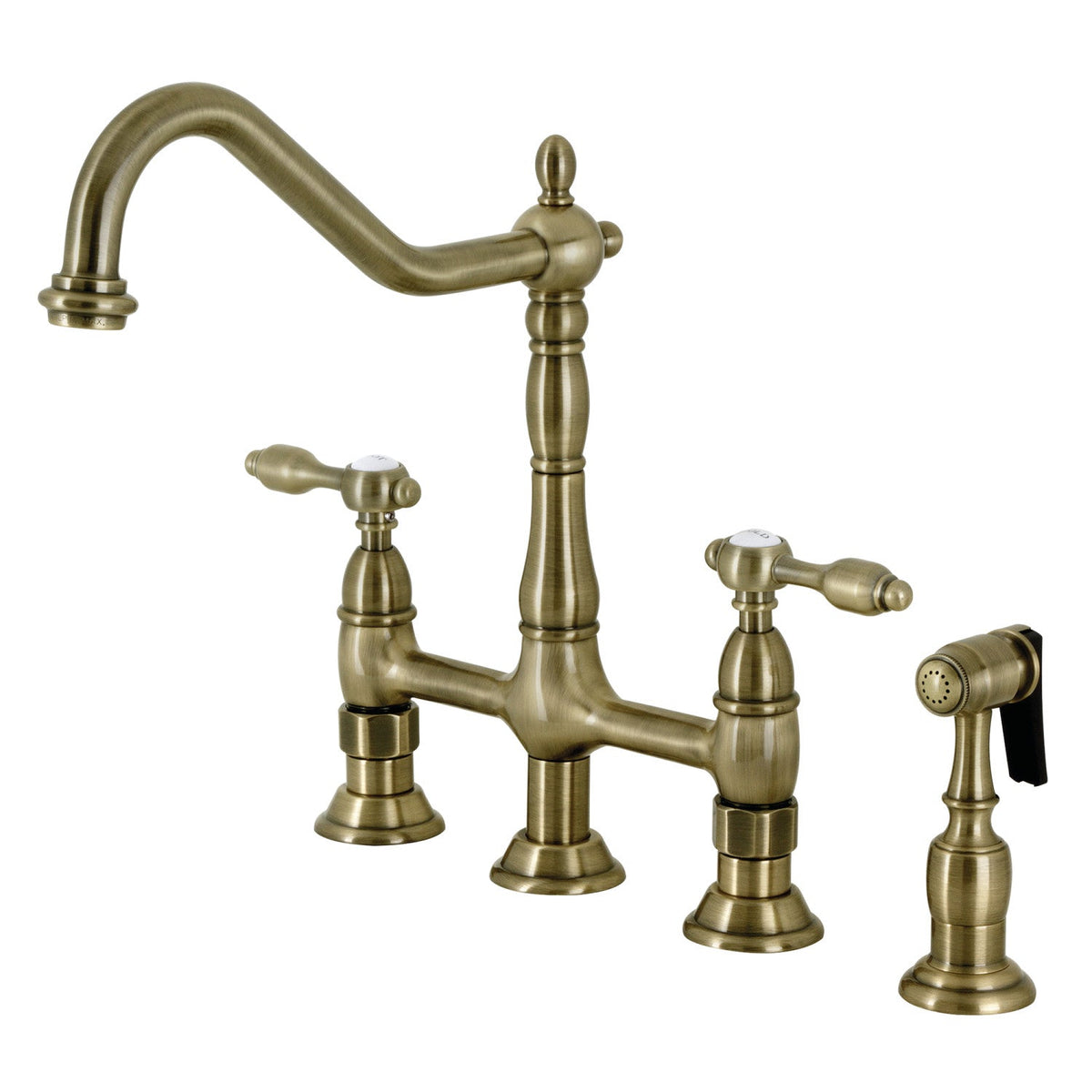 Tudor Bridge Kitchen Faucet with Brass Side Sprayer in Antique Brass