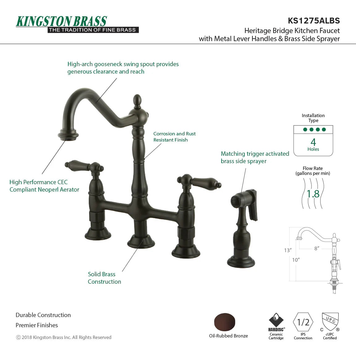 Oil-rubbed bronze bridge kitchen faucet with metal side sprayer and cross handles