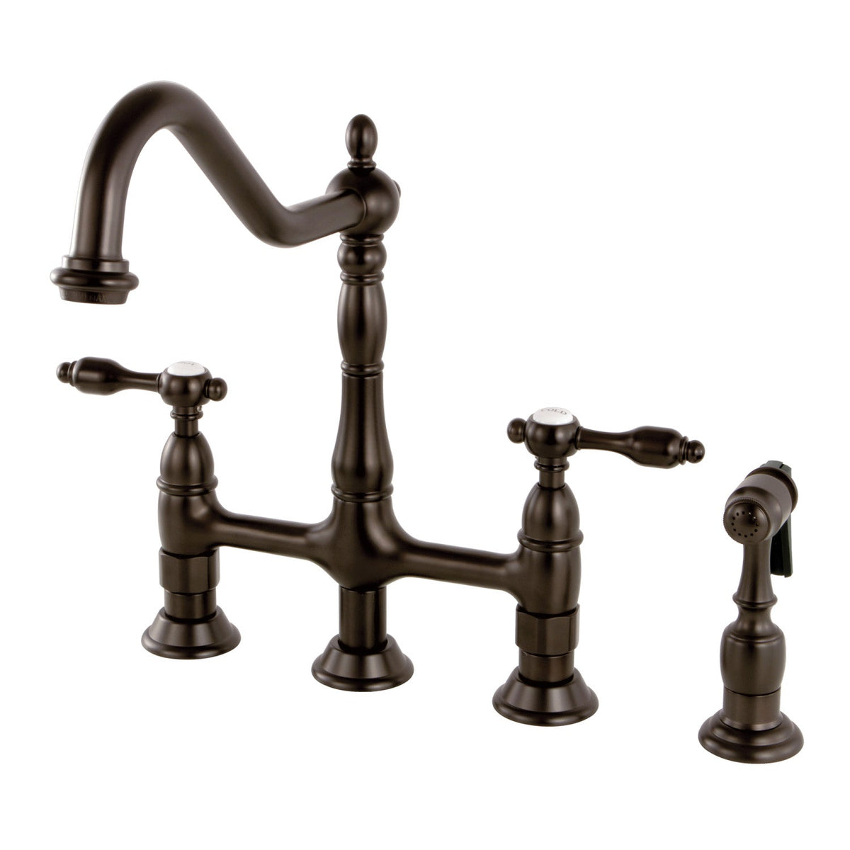 Tudor Bridge Kitchen Faucet with Brass Side Sprayer in Oil Rubbed Bronze