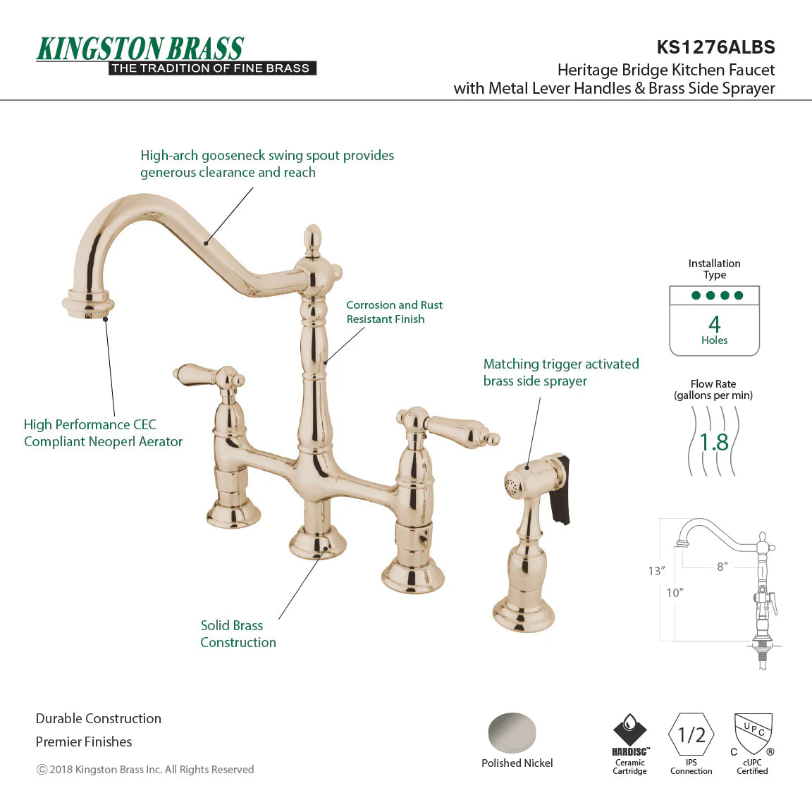 Polished nickel bridge kitchen faucet with side sprayer features diagram and model label