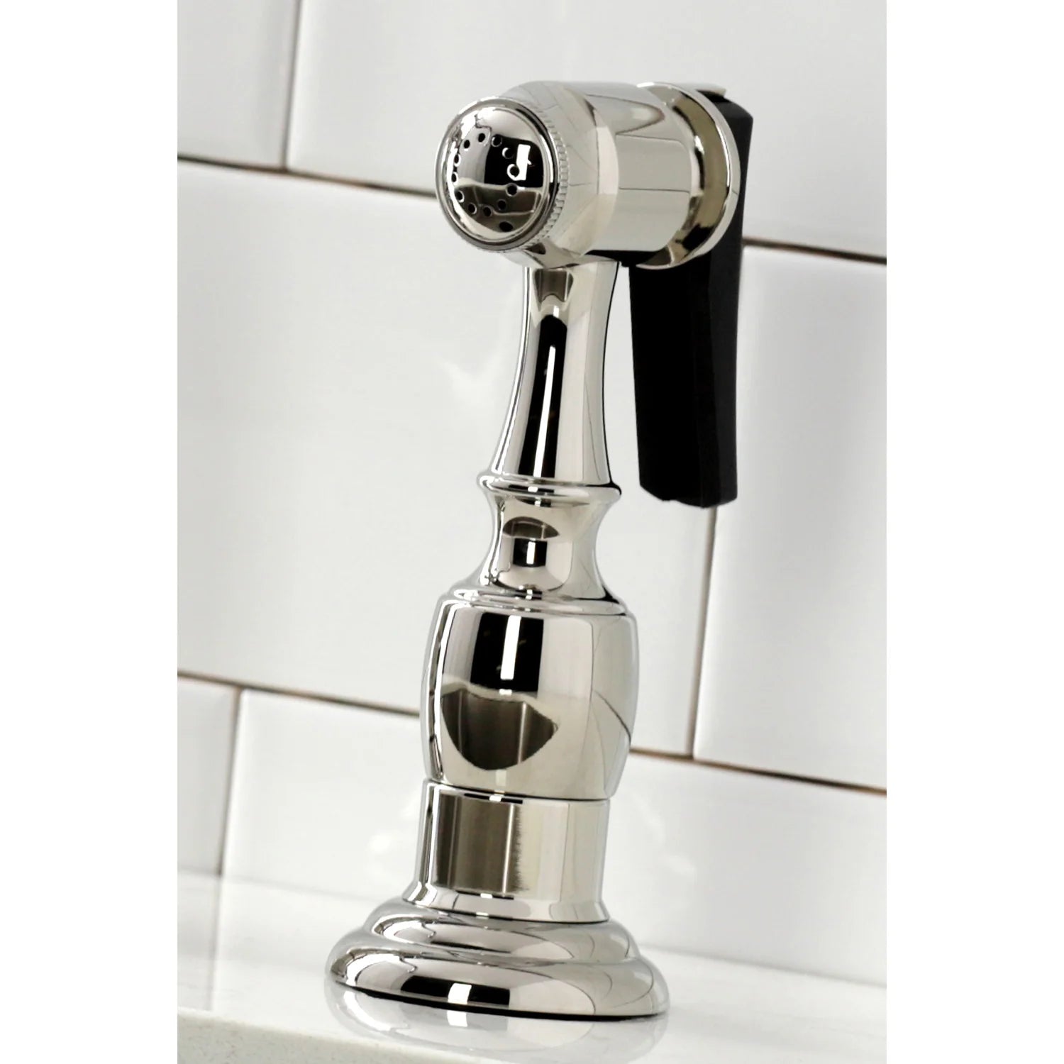 Polished nickel side sprayer nozzle with black trigger lever