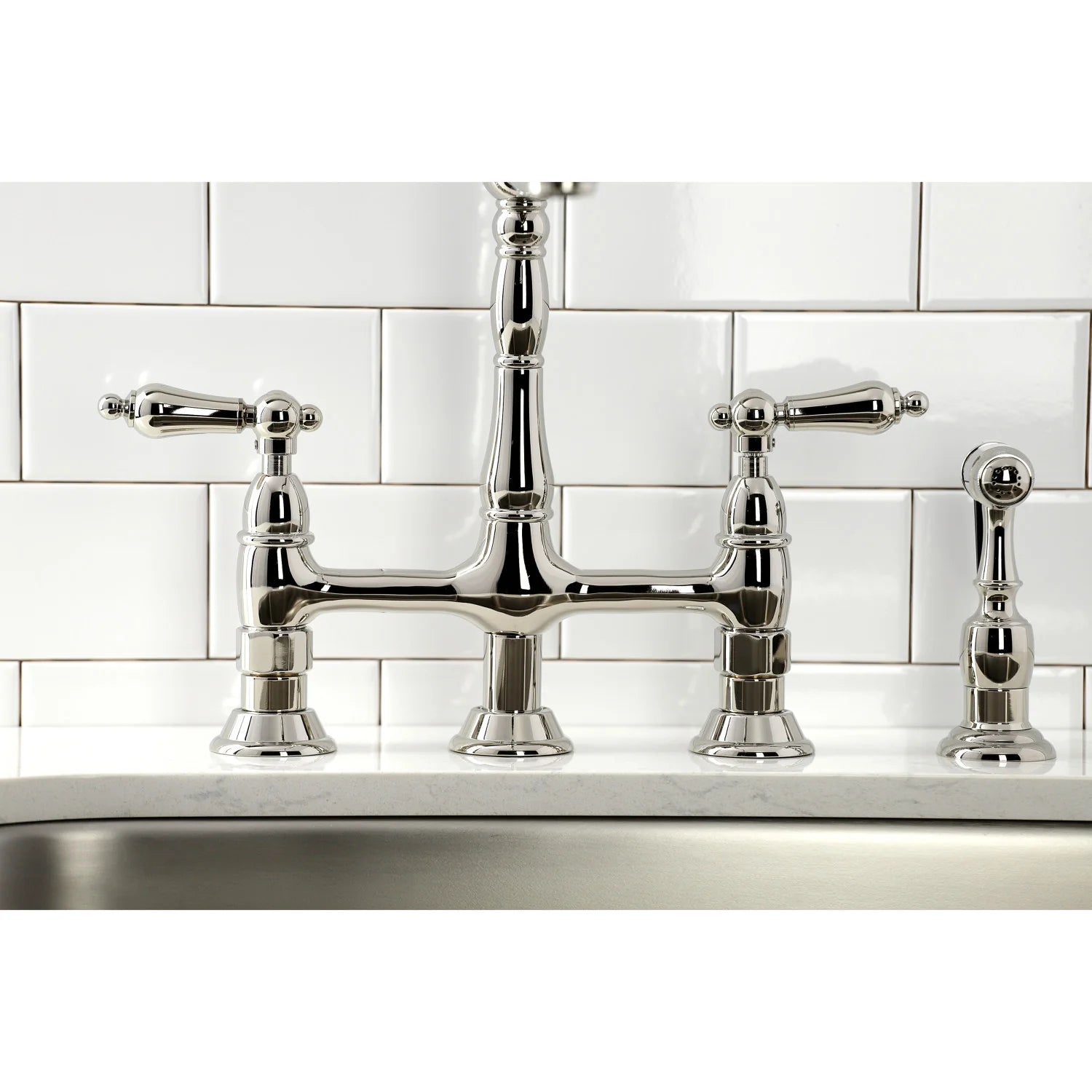Polished nickel bridge kitchen faucet set with handles and side sprayer