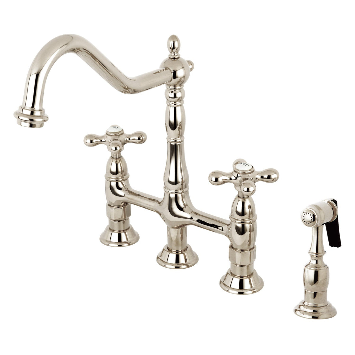 Heritage Bridge Kitchen Faucet with Brass Side Sprayer in Polished Nickel