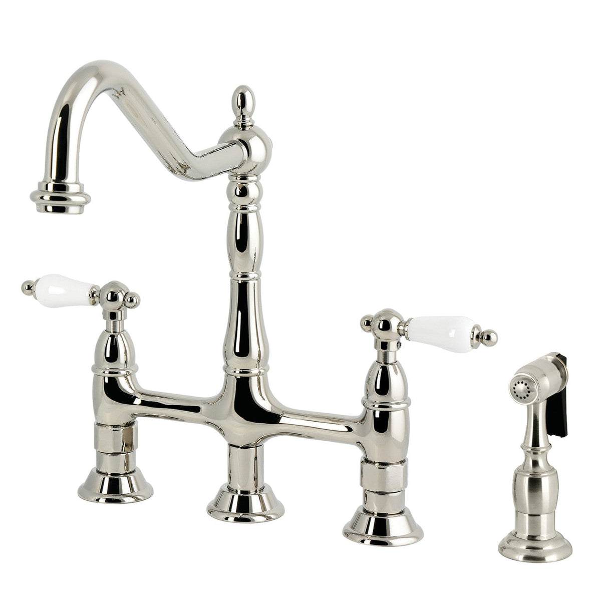 Heritage Bridge Kitchen Faucet with Brass Side Sprayer in Polished Nickel