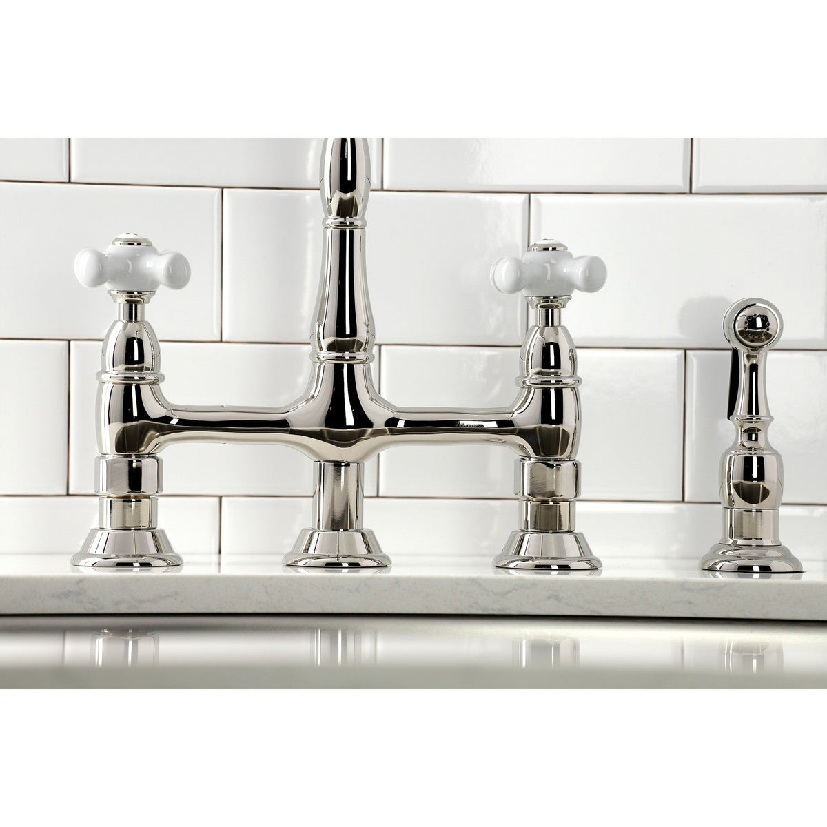 Heritage Bridge Kitchen Faucet with Brass Side Sprayer in Polished Nickel