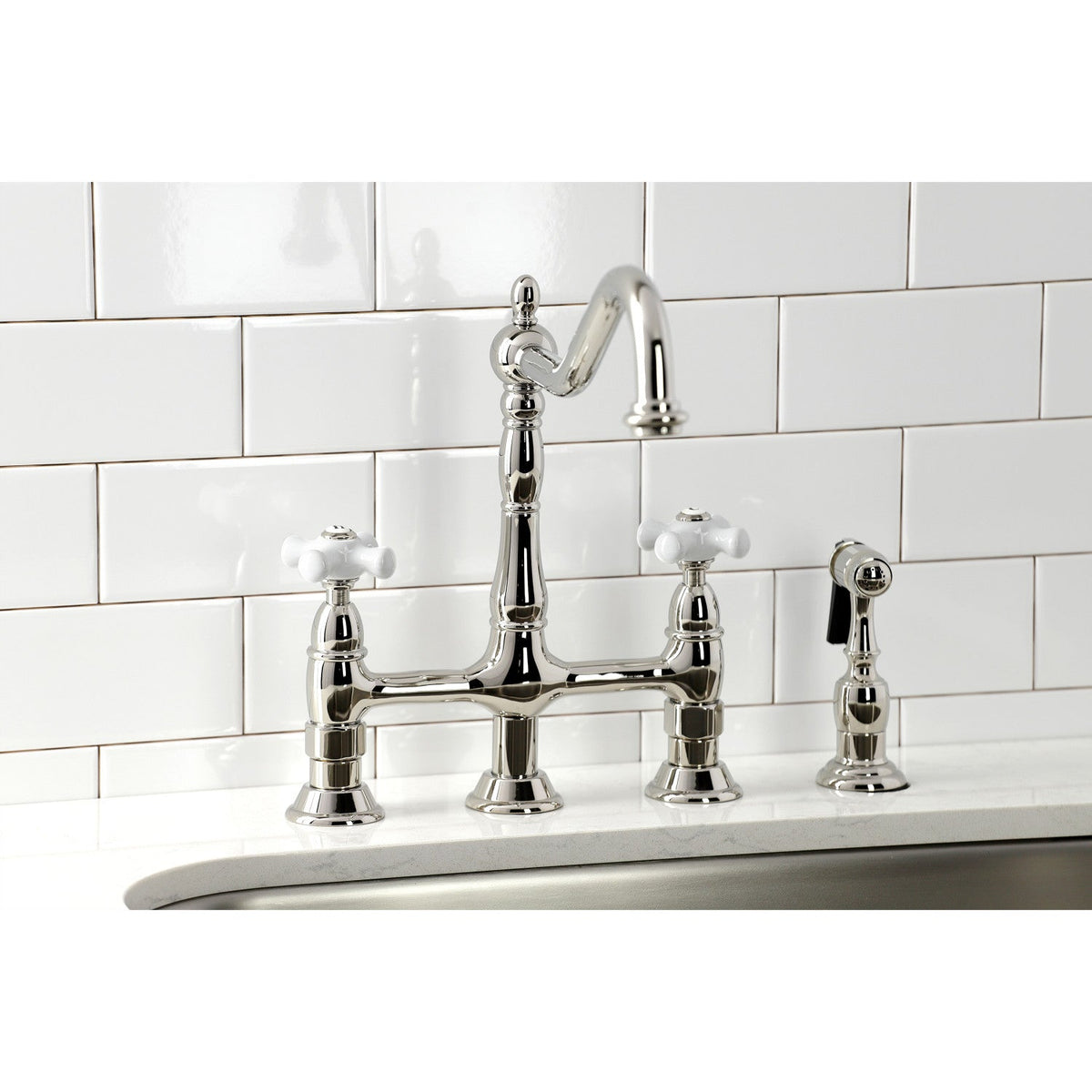Heritage Bridge Kitchen Faucet with Brass Side Sprayer in Polished Nickel