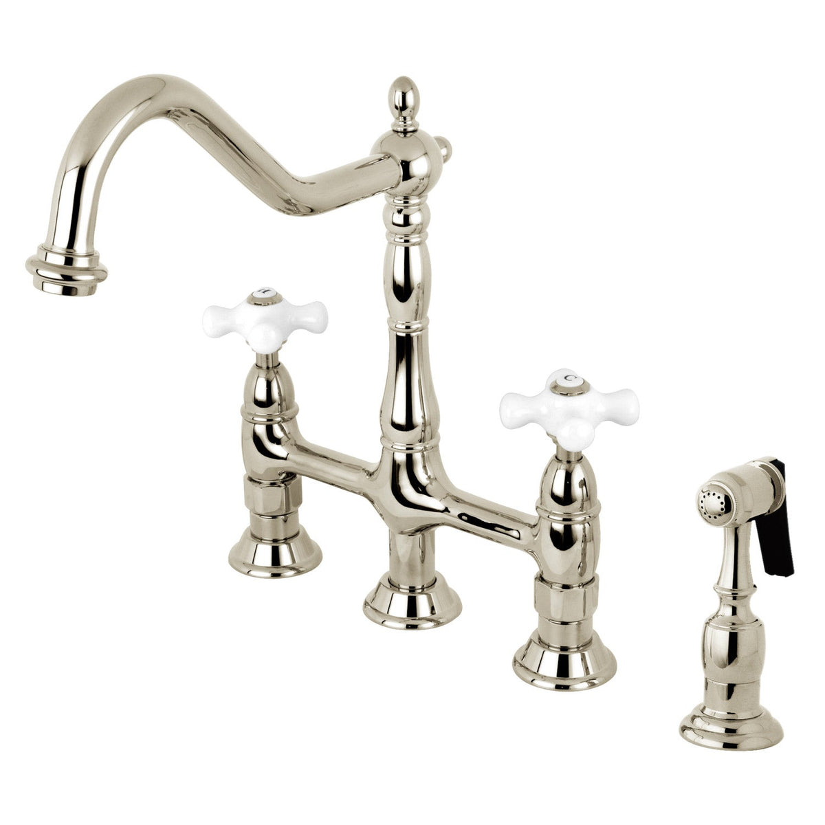 Heritage Bridge Kitchen Faucet with Brass Side Sprayer in Polished Nickel