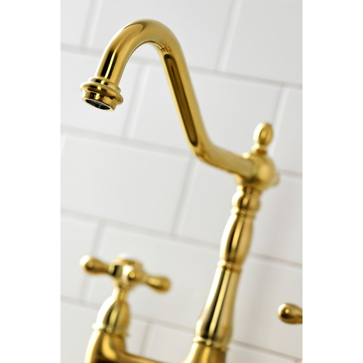 Heritage Bridge Kitchen Faucet with Brass Side Sprayer in Brushed Brass