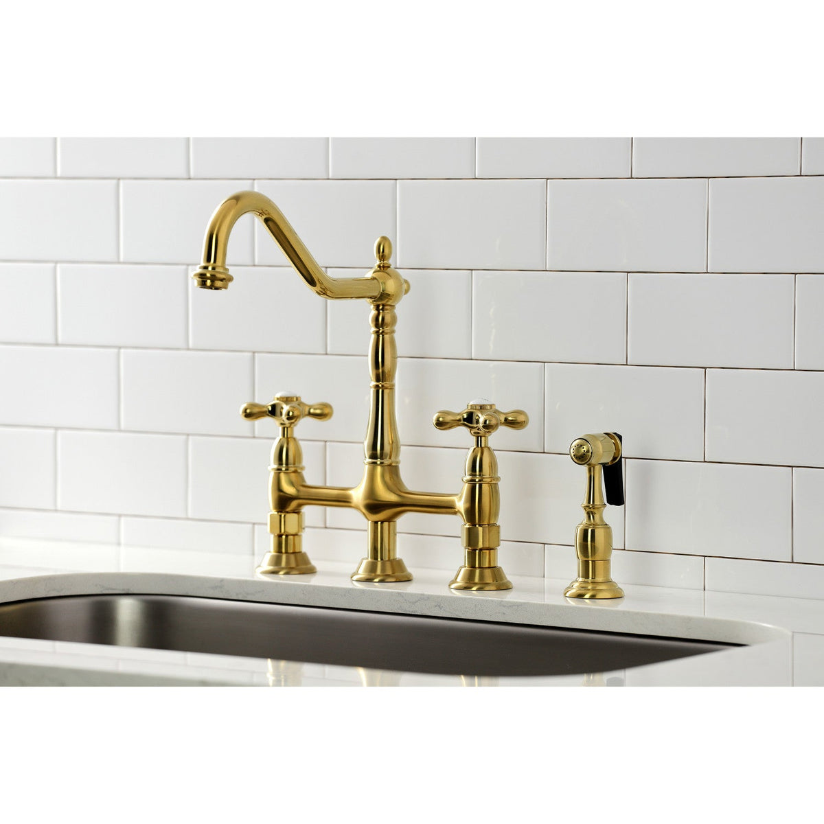 Heritage Bridge Kitchen Faucet with Brass Side Sprayer in Brushed Brass