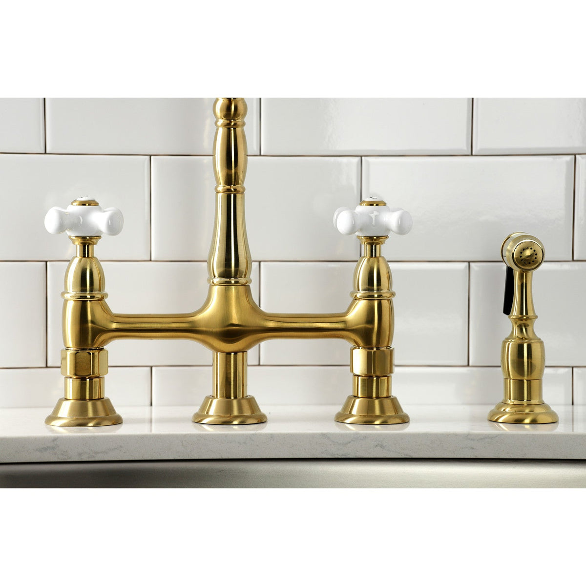 Heritage Bridge Kitchen Faucet with Brass Side Sprayer in Brushed Brass