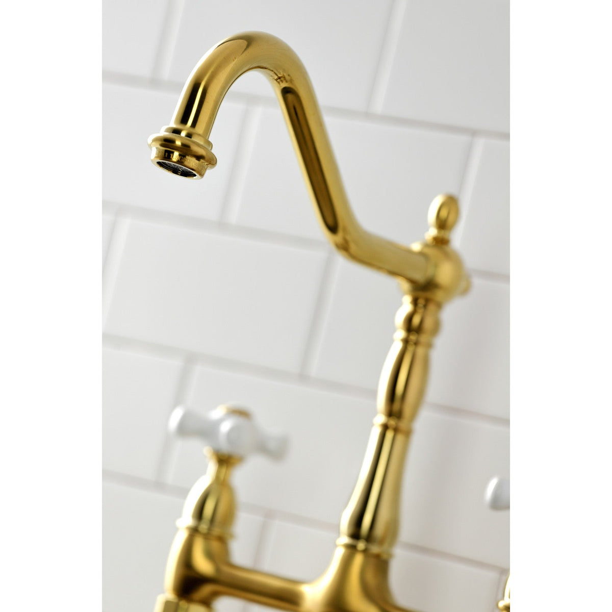 Heritage Bridge Kitchen Faucet with Brass Side Sprayer in Brushed Brass