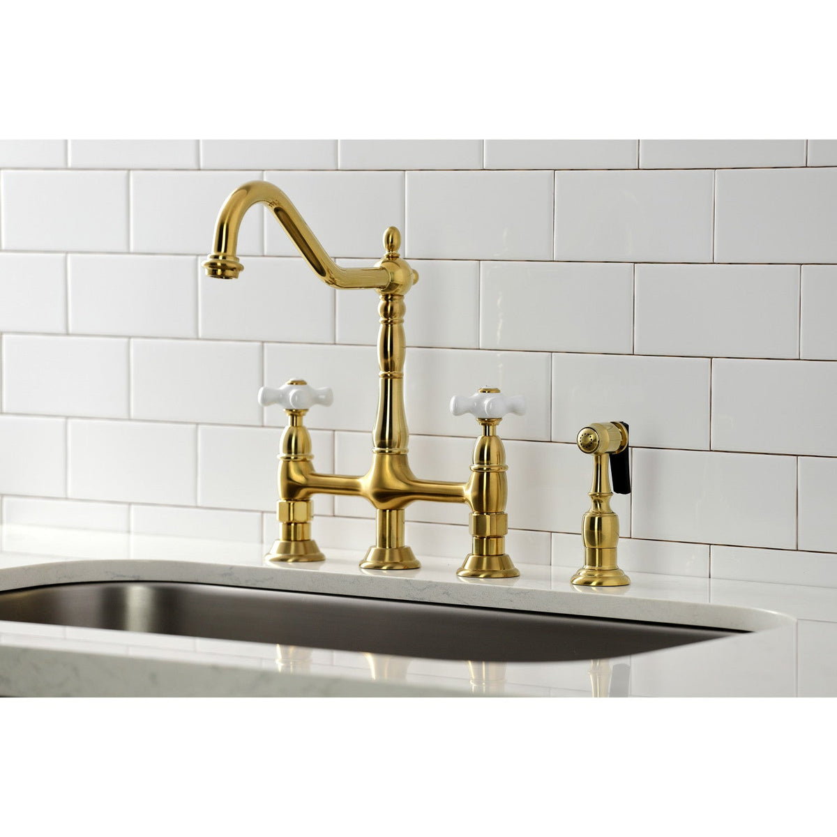 Heritage Bridge Kitchen Faucet with Brass Side Sprayer in Brushed Brass
