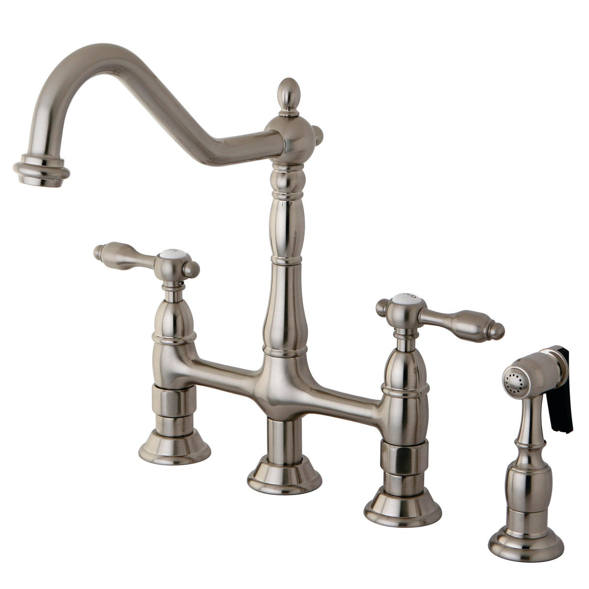 Tudor Bridge Kitchen Faucet with Brass Side Sprayer in Brushed Nickel