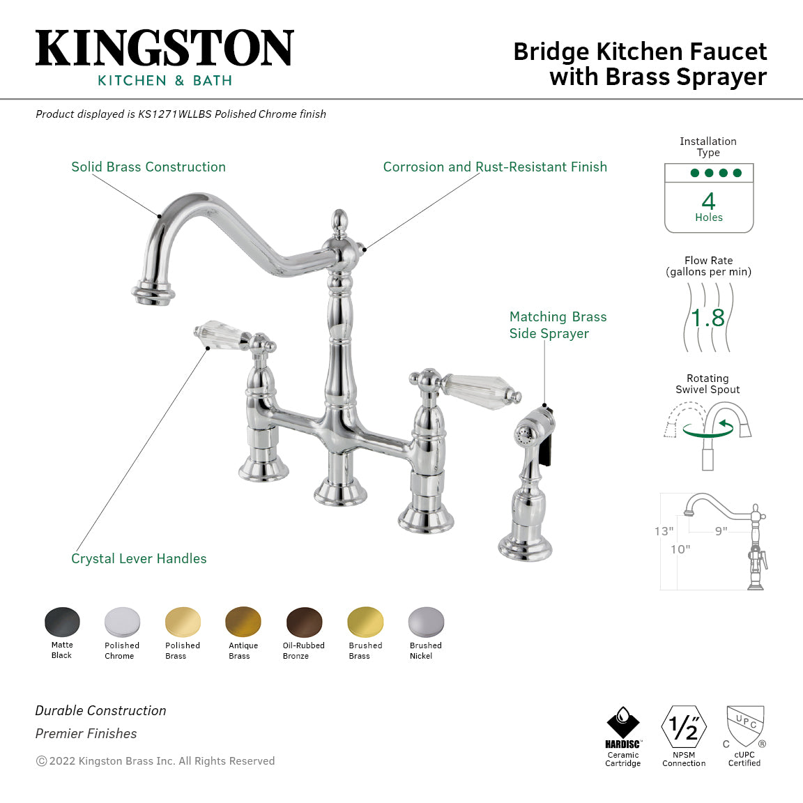 Wilshire Bridge Kitchen Faucet with Brass Side Sprayer in Brushed Nickel
