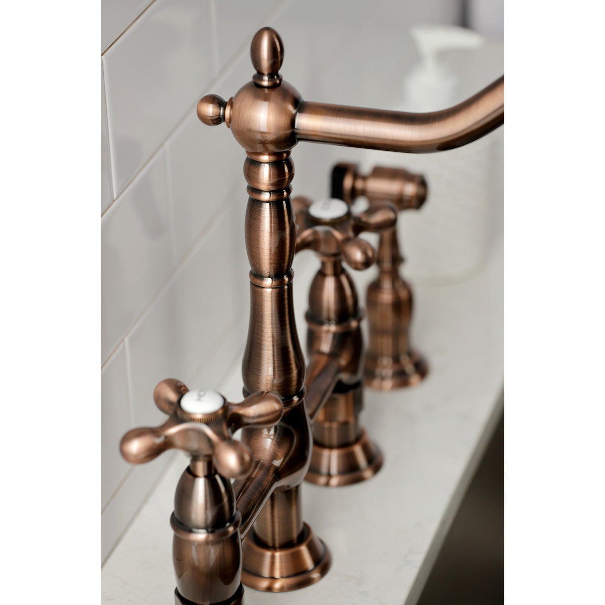 Heritage Bridge Kitchen Faucet with Brass Side Sprayer in Antique Copper
