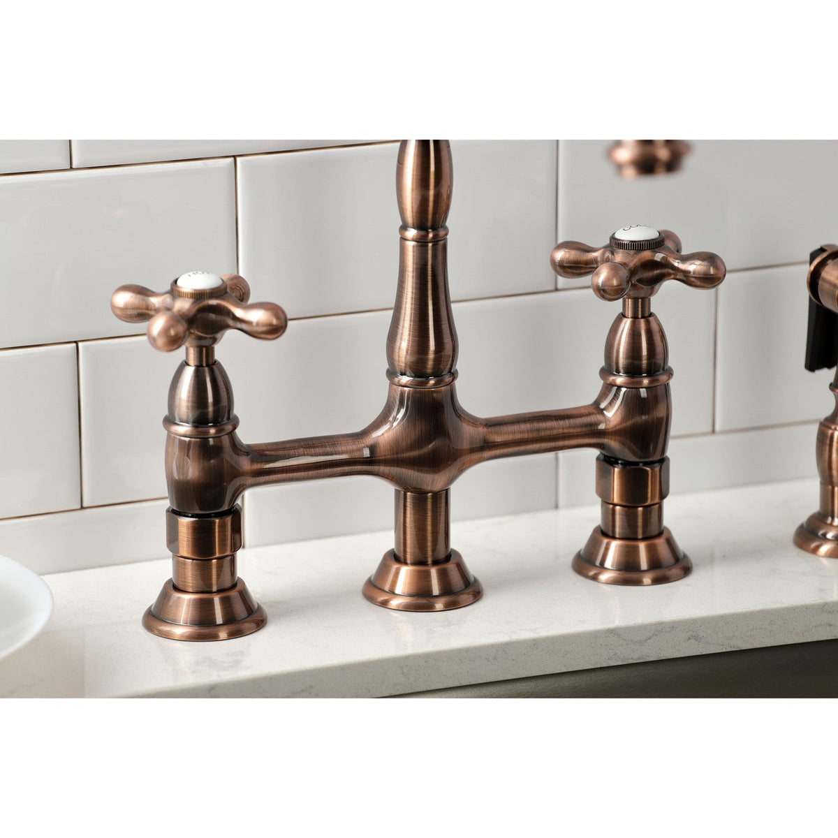 Heritage Bridge Kitchen Faucet with Brass Side Sprayer in Antique Copper