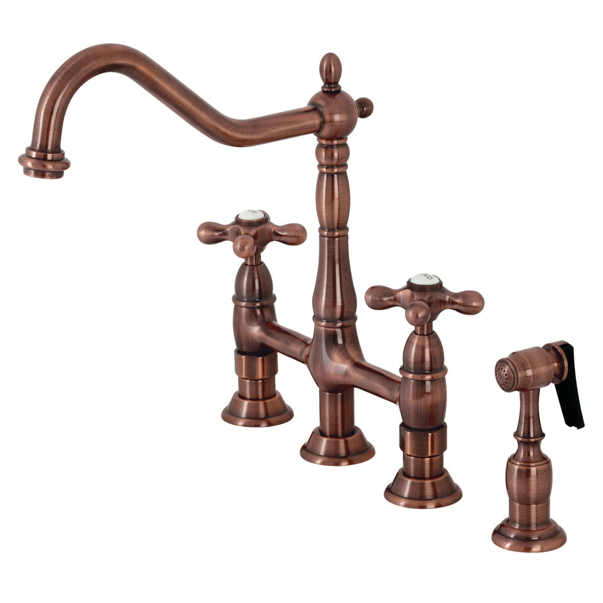 Heritage Bridge Kitchen Faucet with Brass Side Sprayer in Antique Copper