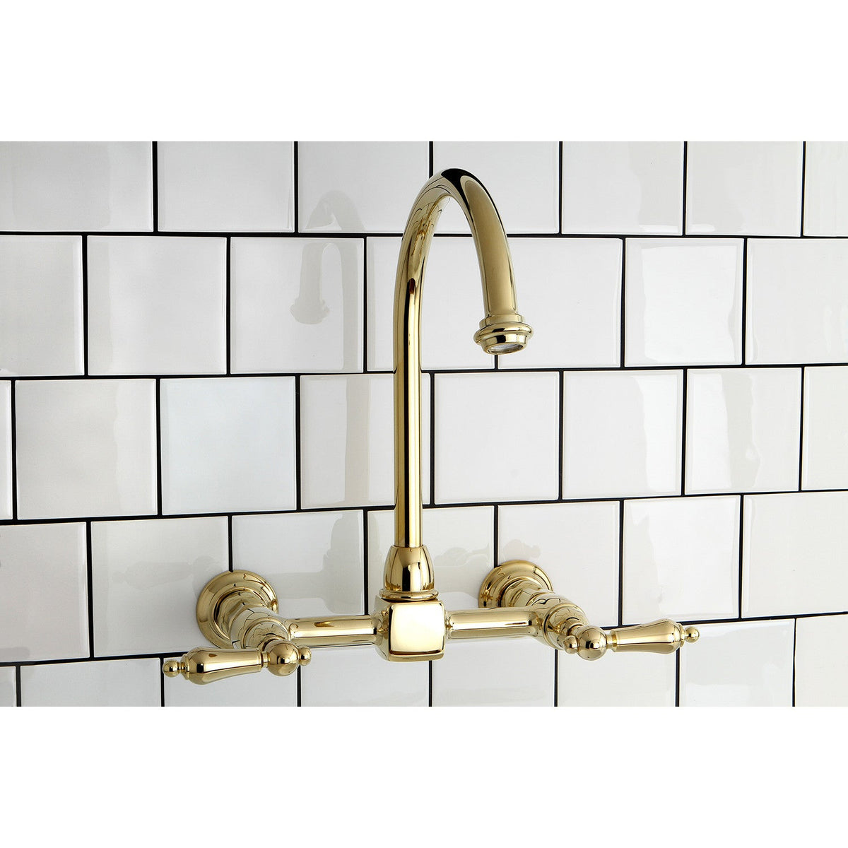 Restoration Double-Handle Wall-Mount Bridge Kitchen Faucet in Polished Brass