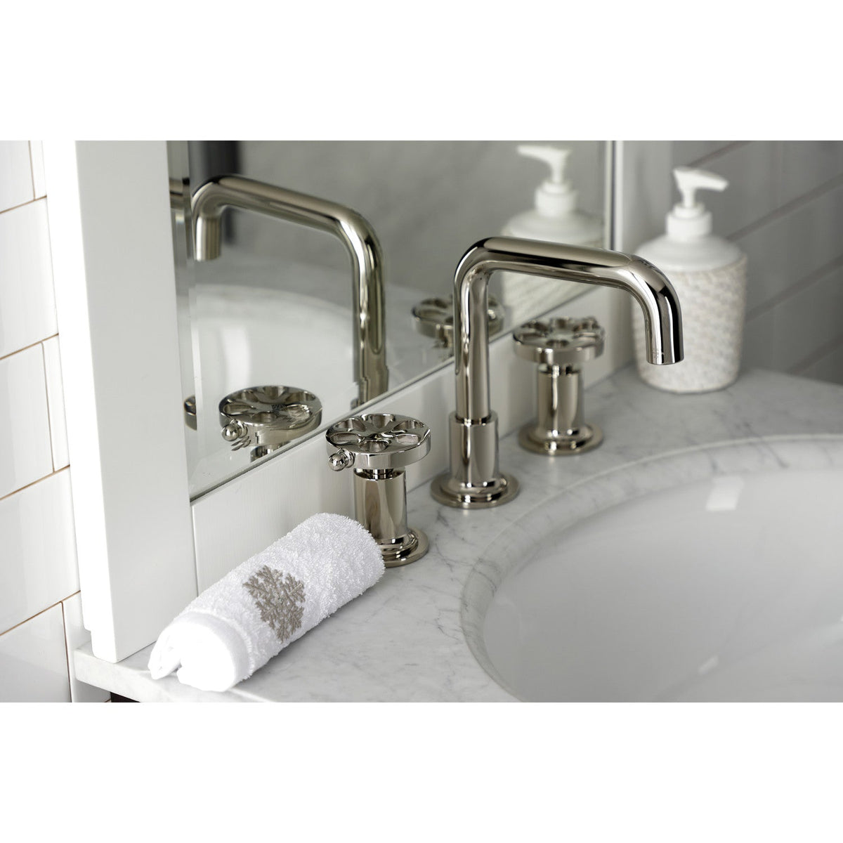 Belknap Widespread Bathroom Faucet with Push Pop-Up Drain in Polished Nickel