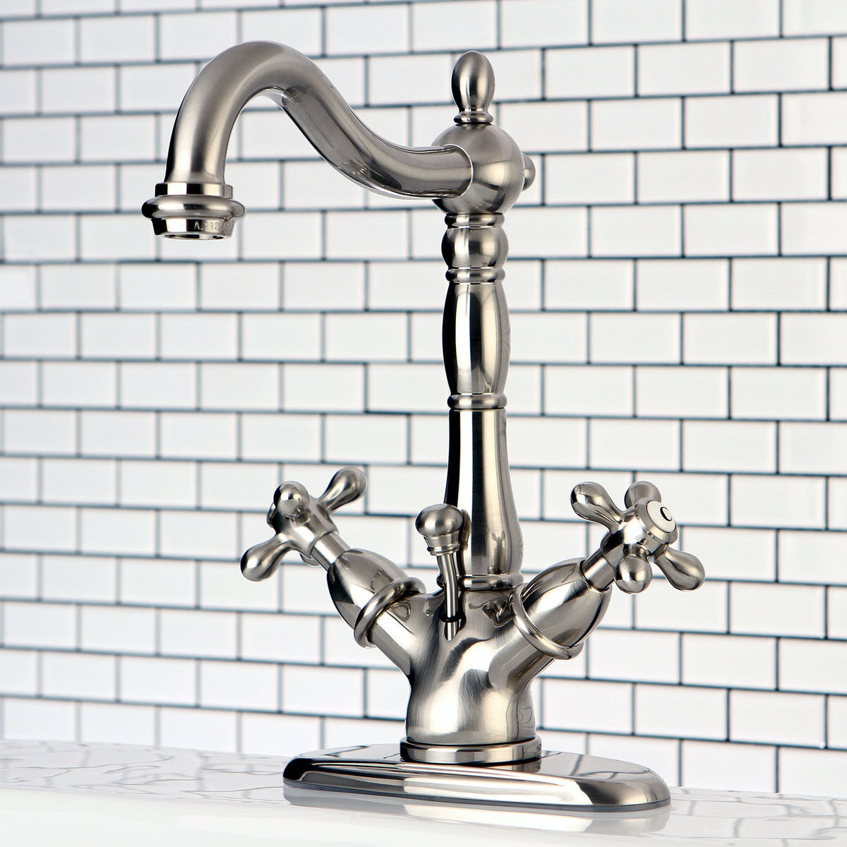 Heritage Double-Handle 4" Centerset Bathroom Faucet with Brass Pop-Up in Brushed Nickel
