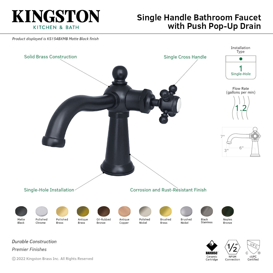 Nautical One-Handle Single-Hole Bathroom Faucet with Push Pop-Up Drain in Antique Brass