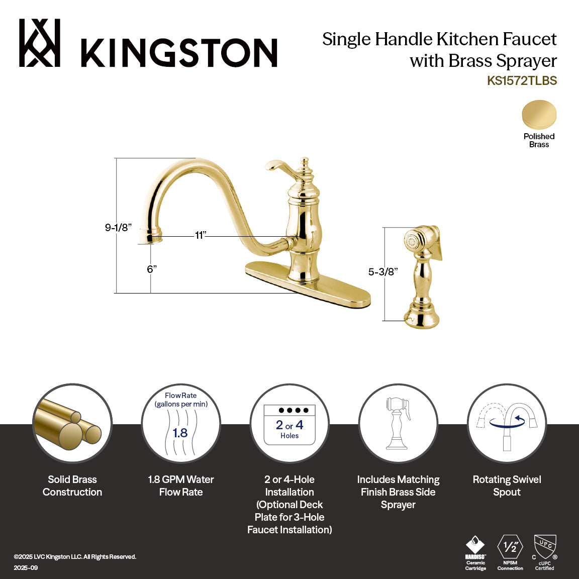 Gourmetier Single-Handle Kitchen Faucet with Brass Side Sprayer in Polished Brass