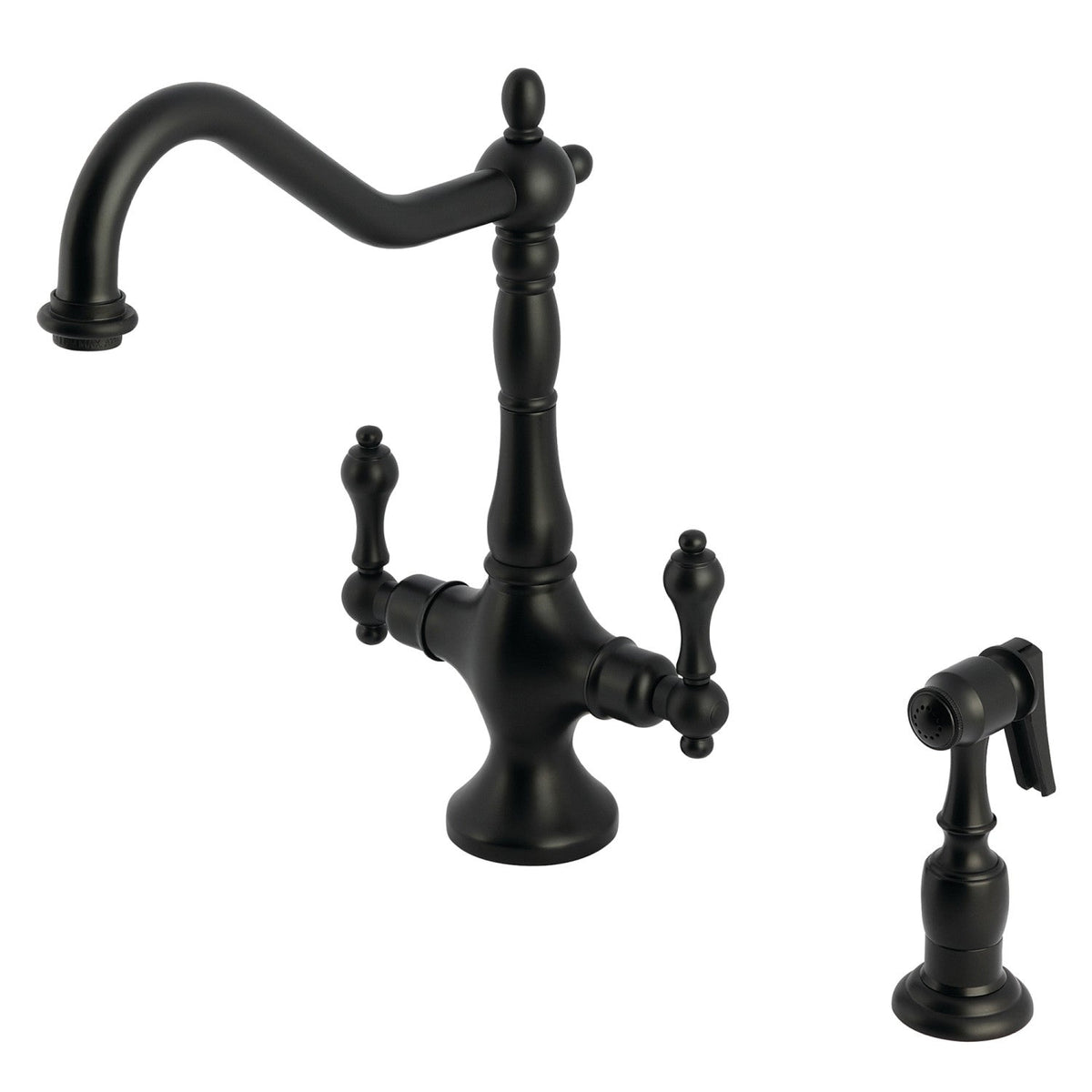 Heritage Two-Handle Single-Hole Kitchen Faucet with Brass Sprayer in Matte Black