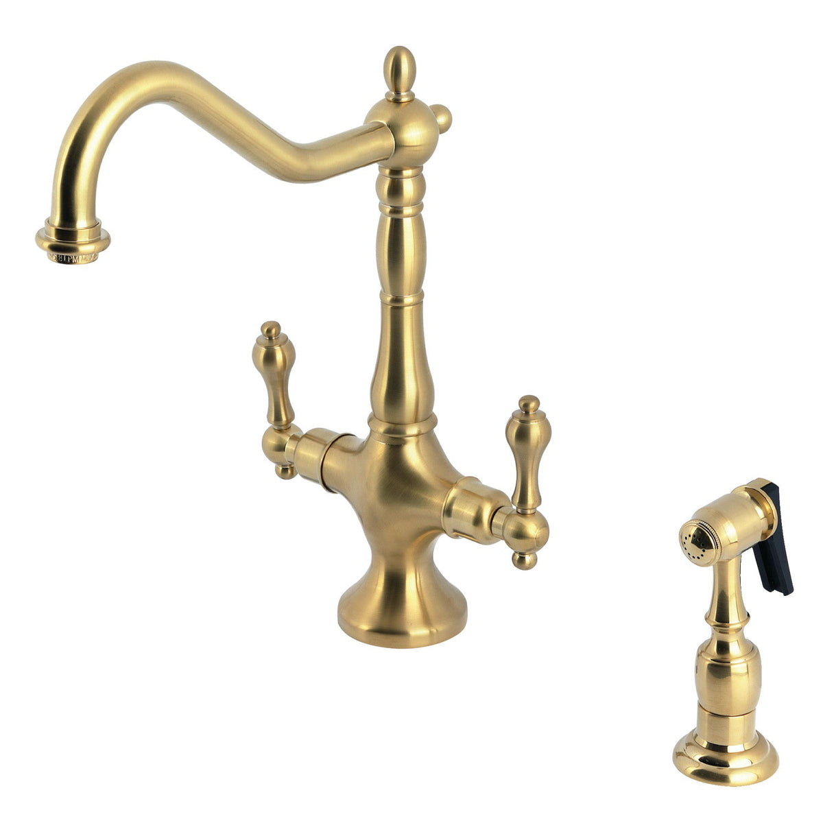 Heritage Two-Handle Single-Hole Kitchen Faucet with Brass Sprayer in Brushed Brass
