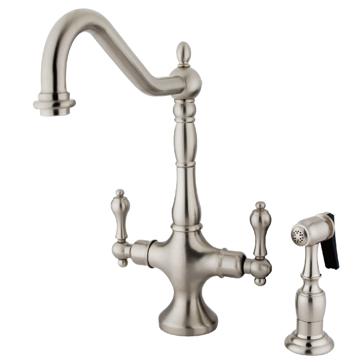 Heritage Two-Handle Single-Hole Kitchen Faucet with Brass Sprayer in Brushed Nickel