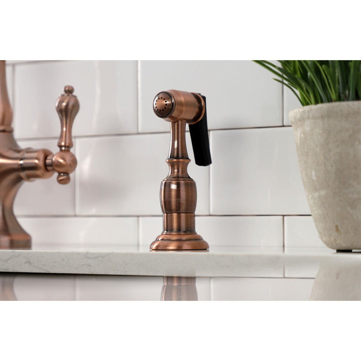 Heritage Two-Handle Single-Hole Kitchen Faucet with Brass Sprayer in Antique Copper
