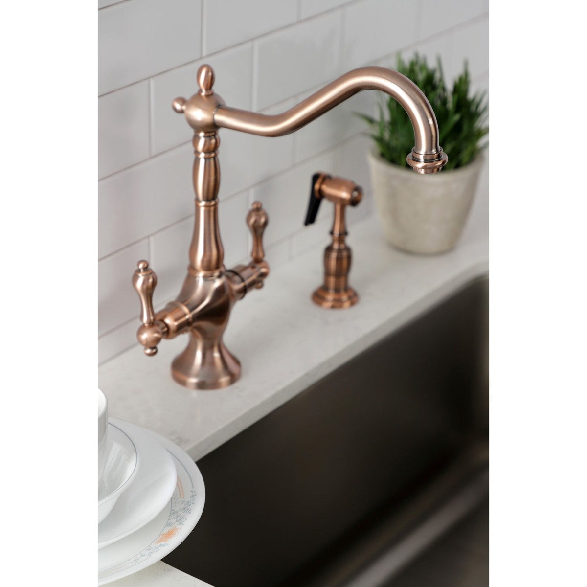 Heritage Two-Handle Single-Hole Kitchen Faucet with Brass Sprayer in Antique Copper
