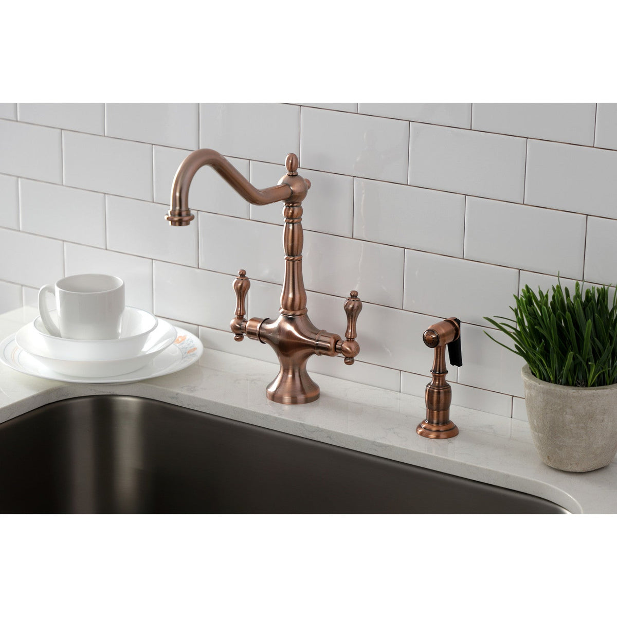 Heritage Two-Handle Single-Hole Kitchen Faucet with Brass Sprayer in Antique Copper