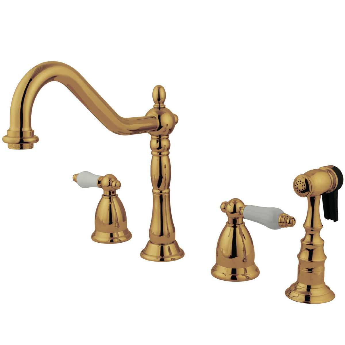 Heritage Double-Handle Widespread Kitchen Faucet with Brass Sprayer in Polished Brass