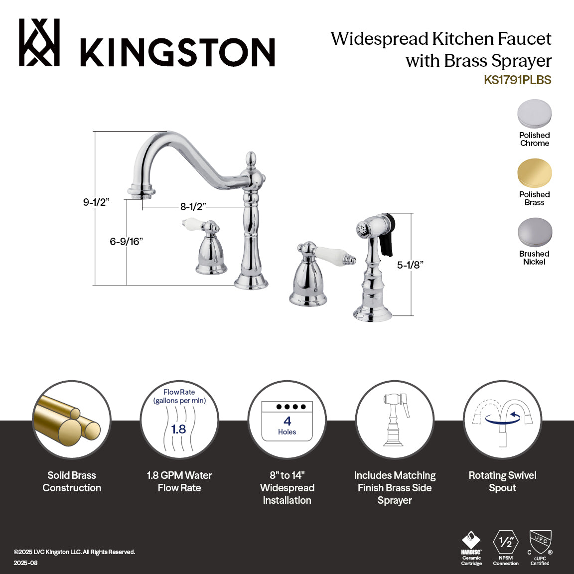 Heritage Double-Handle Widespread Kitchen Faucet with Brass Sprayer in Brushed Nickel